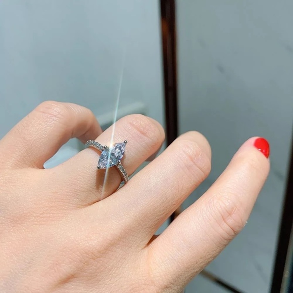 925 Sterling Silver SONA Diamond Marquise Engagement Ring - Picture 3 of 6
